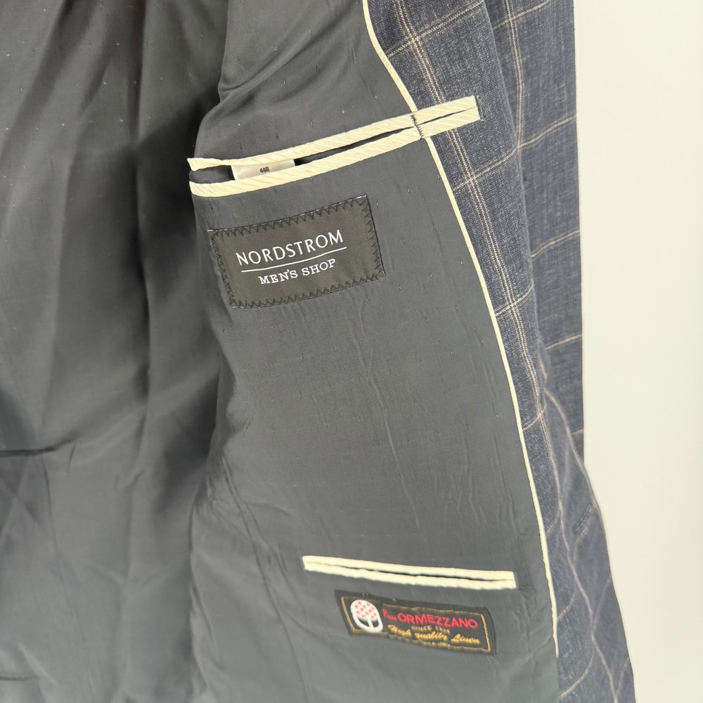 Nordstrom Mens Shop 44R Blue Linen Windowpane Blazer Ormezzano Italy Fabric - Picture 6 of 15
